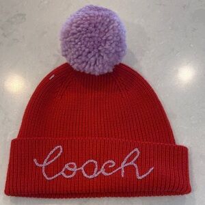 Coach Red Beanie with Lavender Pom-Pom